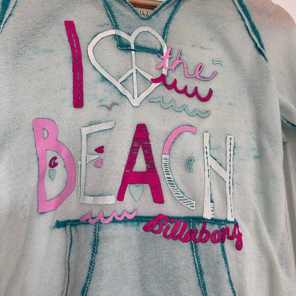 Billabong Pullover Graphic Hoodie Sweatshirt Women's Large Blue Pink Heart Y2K - Picture 3 of 10